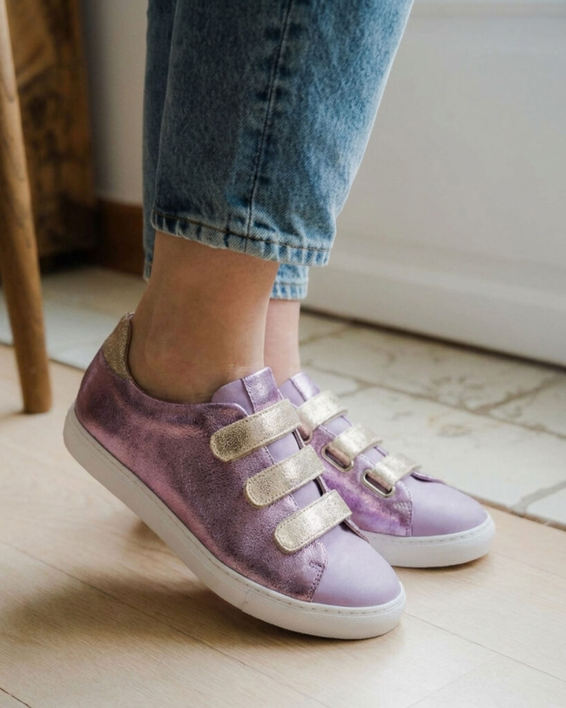 Basket en cuir velours mauve et irisé lilas