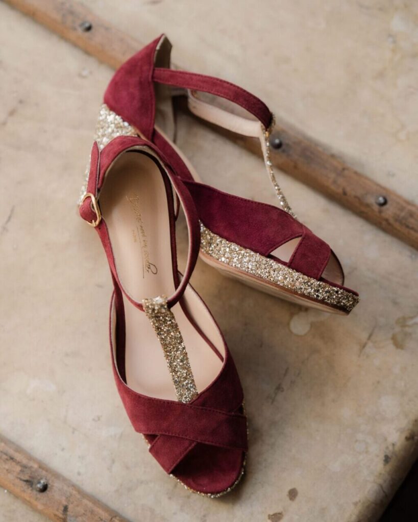 Salomé ouvertes en velours bordeaux et glitter champagne