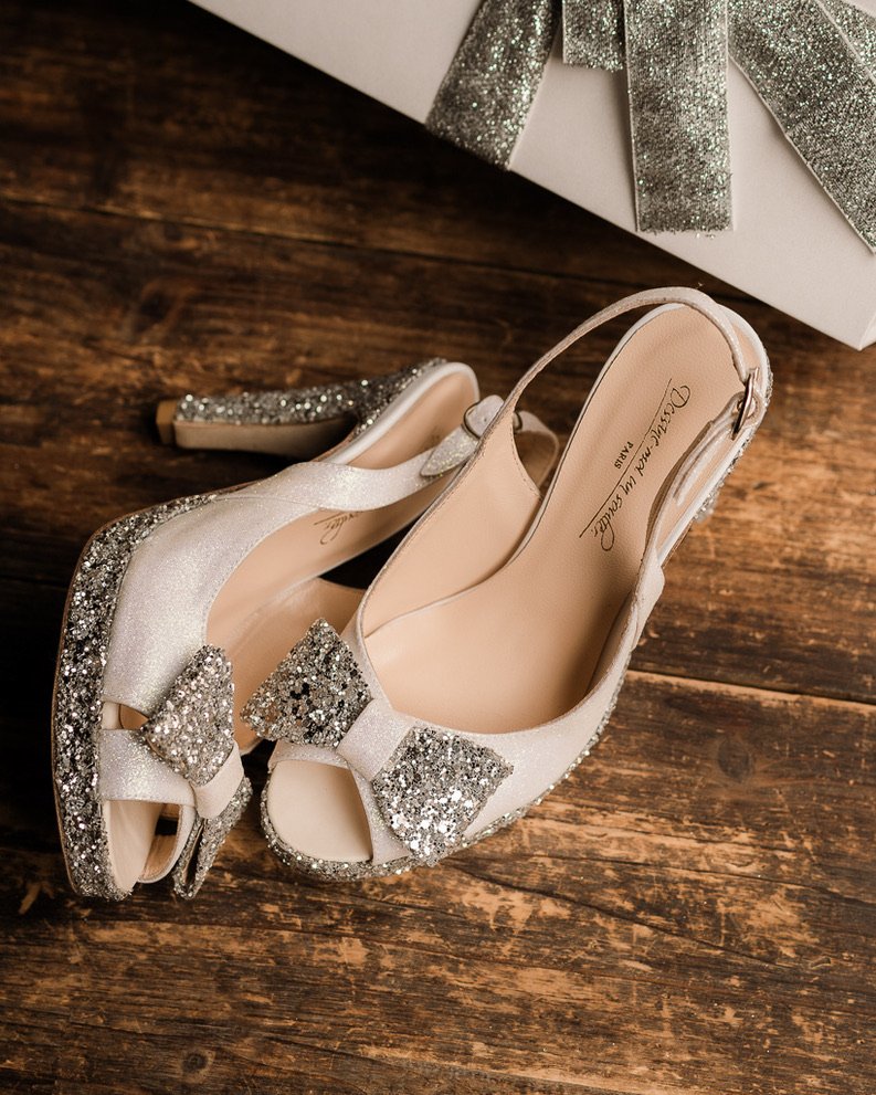 White and silver sequin slingback pump