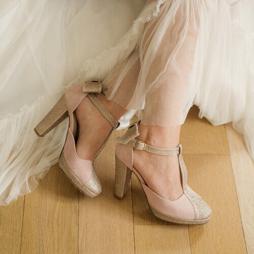 Salomé fermé avec un noeud en velours rose Blush et irisé champagne
