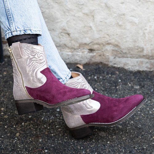 Santiag en cuir irisé or rose et velours grenat