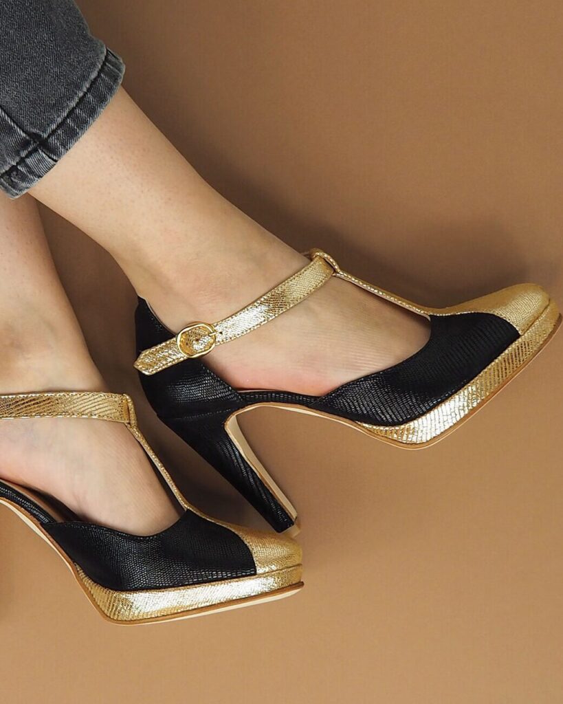 Salomé plateforme en vipérine noire et brides en vipérine bronze