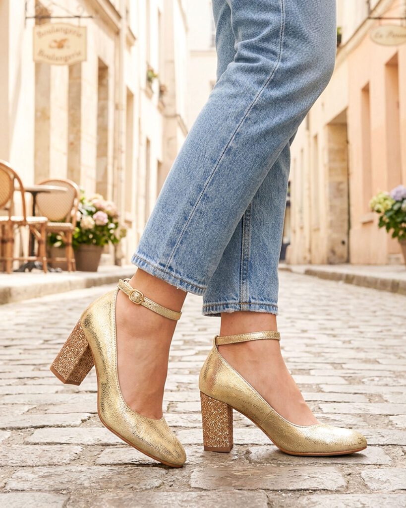Escarpin en cuir irisé et fine paillette champagne
