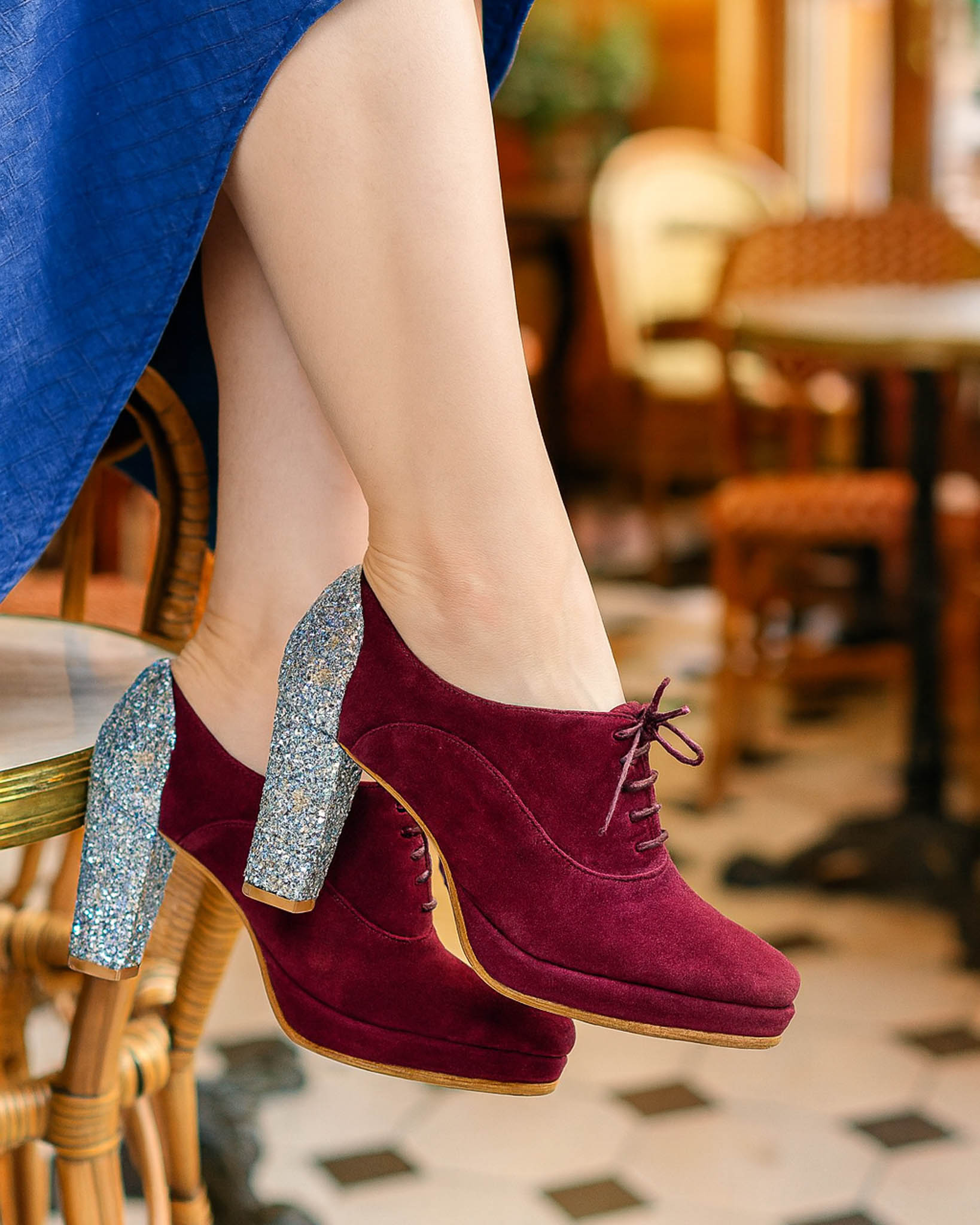 Richelieu platform velvet garnet and silver glitter