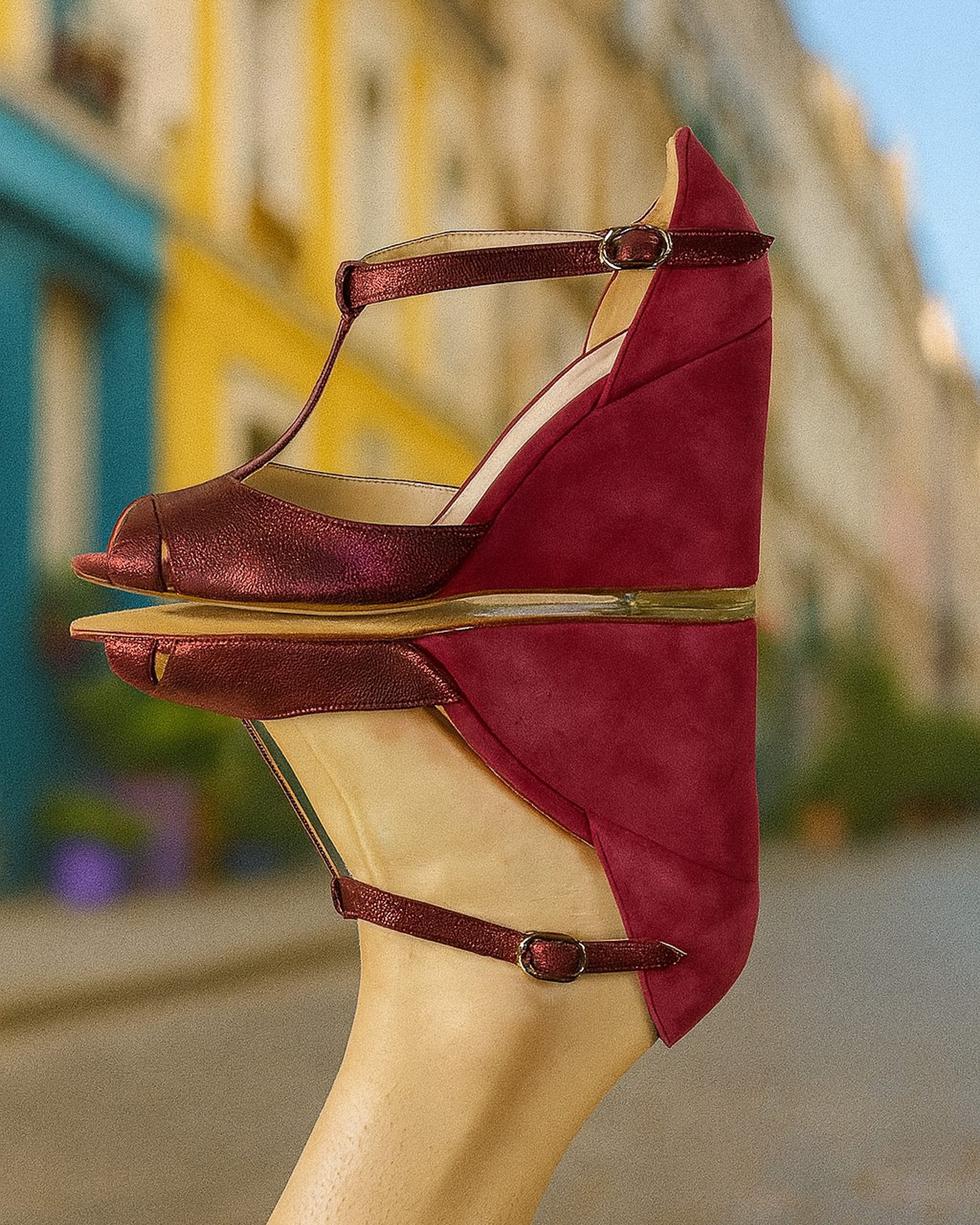 Open-toe slingback with garnet velvet & iridescent wedge heel