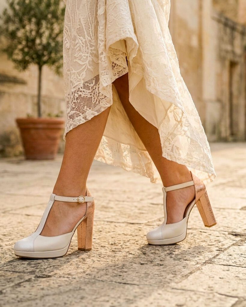 Salomé à plateforme en cuir blanc cassé, irisés ivoire et or rose