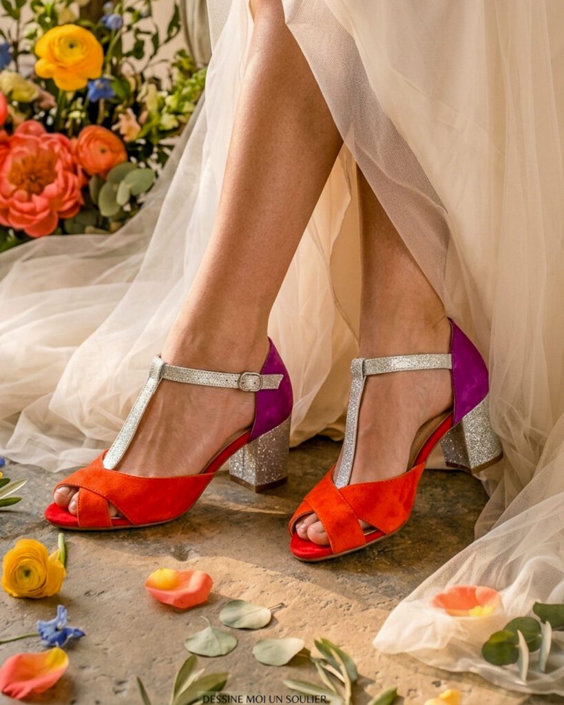Salomé en velours orange fluo, fushia et paillettes argentées