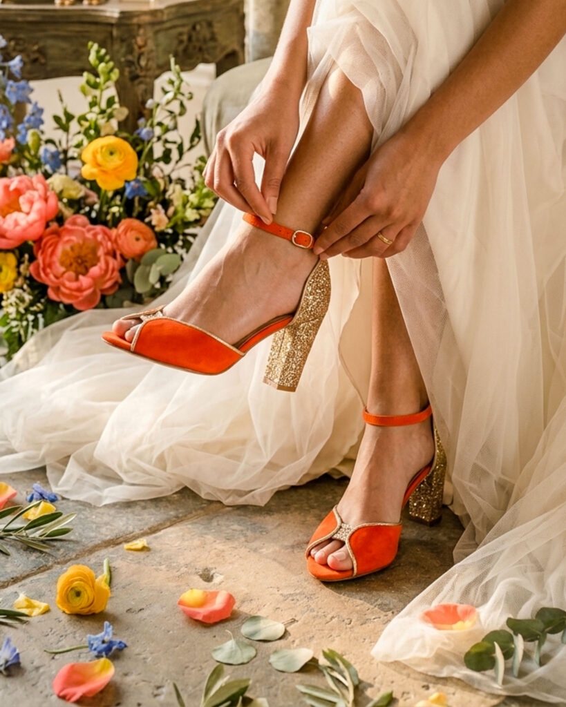 Sandale Charlotte en velours orange fluo