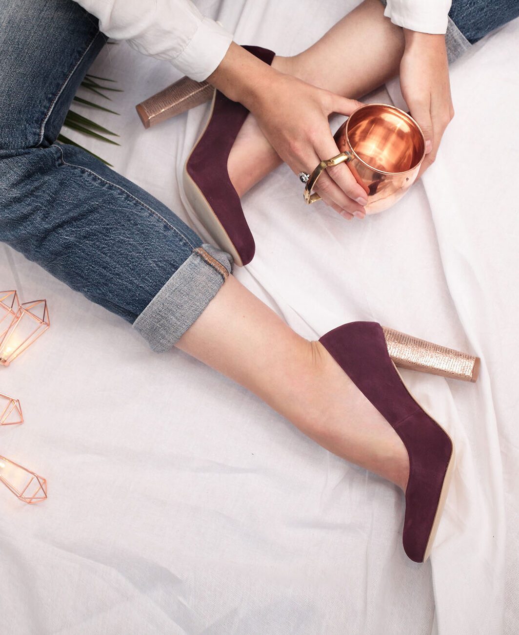 Escarpin en velours grenat et vipérine bronze