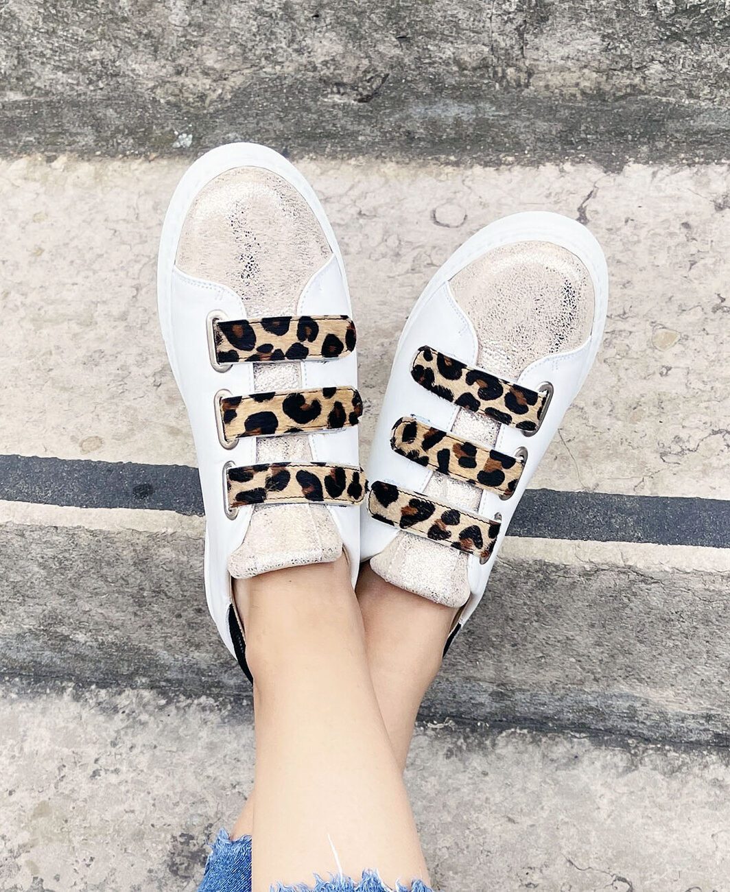 Champagne iridescent and leopard fur sneaker