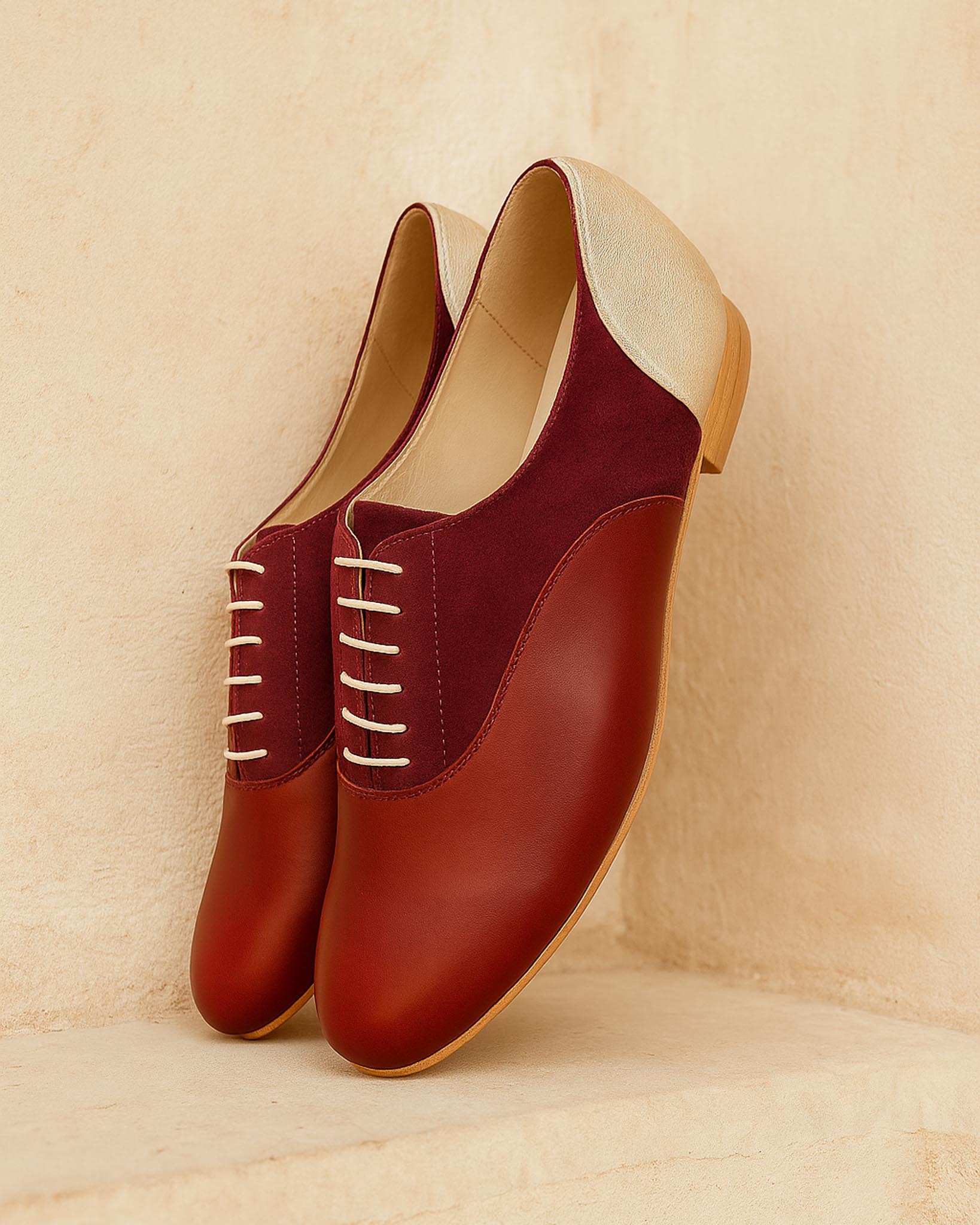 flat richelieu in burgundy velvet, smooth and iridescent champagne leather