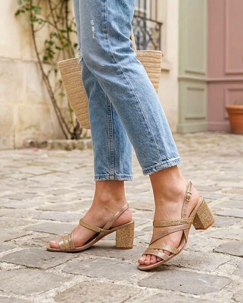 Sandale Emma à talons en fine paillette champagne et vipérine bronze