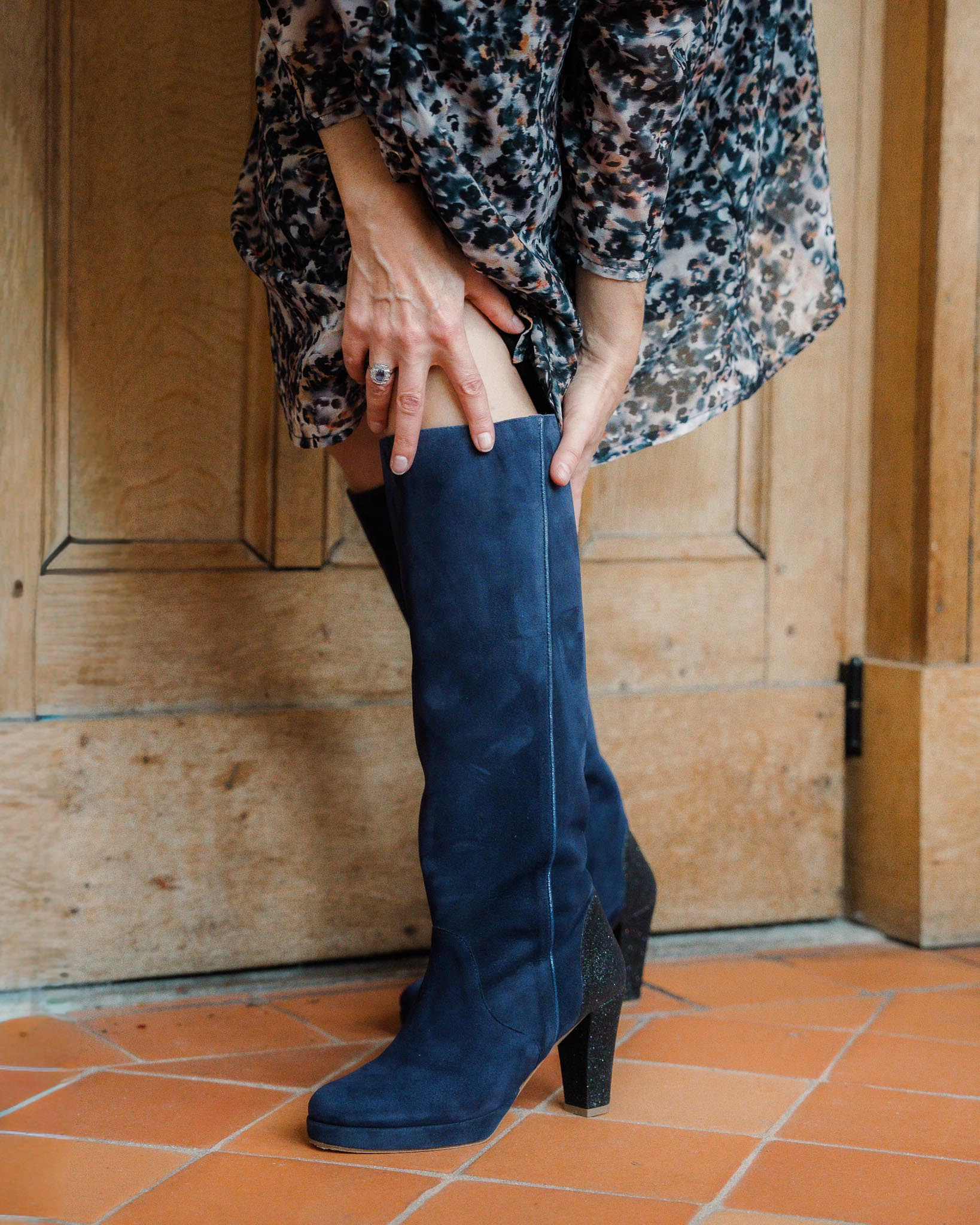 Navy velvet platform boots - fine starlight sequins