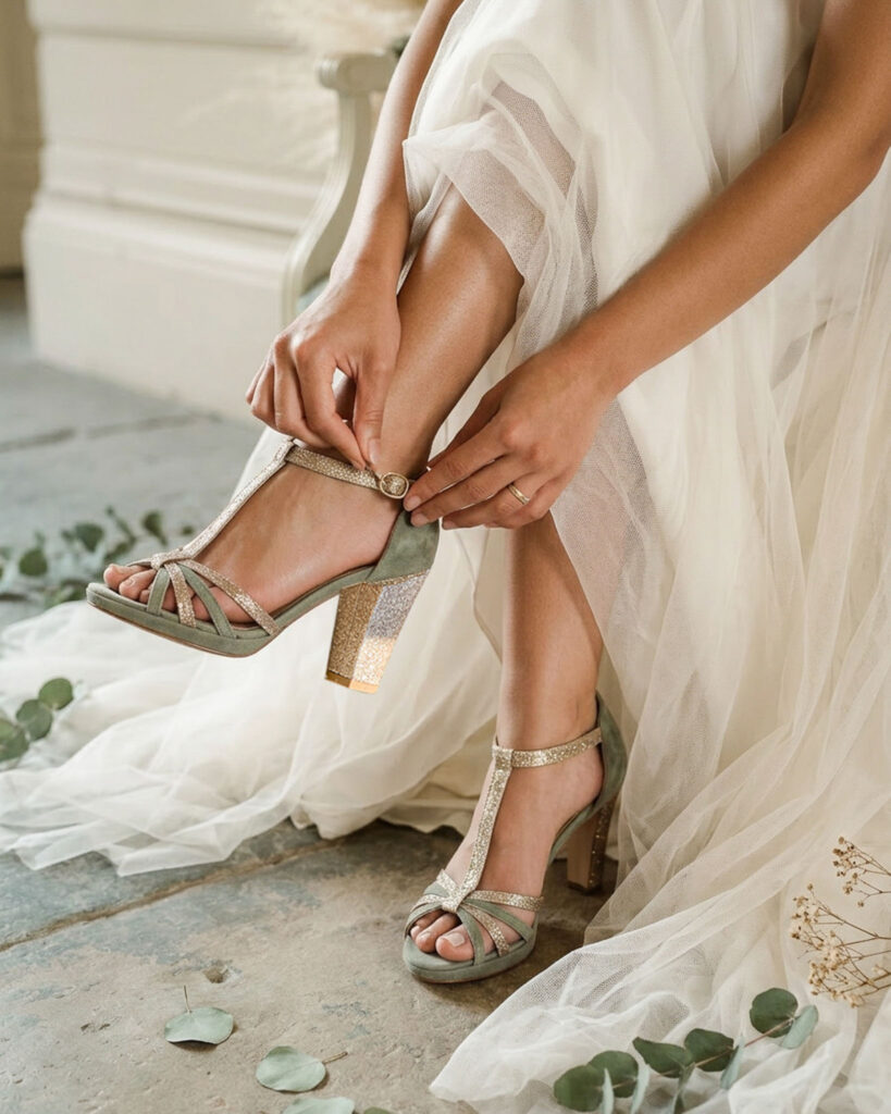 Chloé Plateforme en velours vert sauge, paillettes or blond