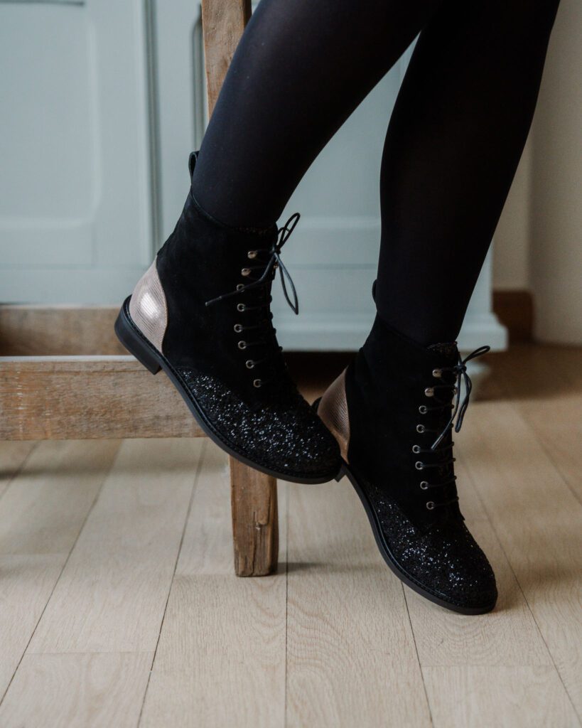 Bottine Billie en velours et glitter noir, irisé or rose