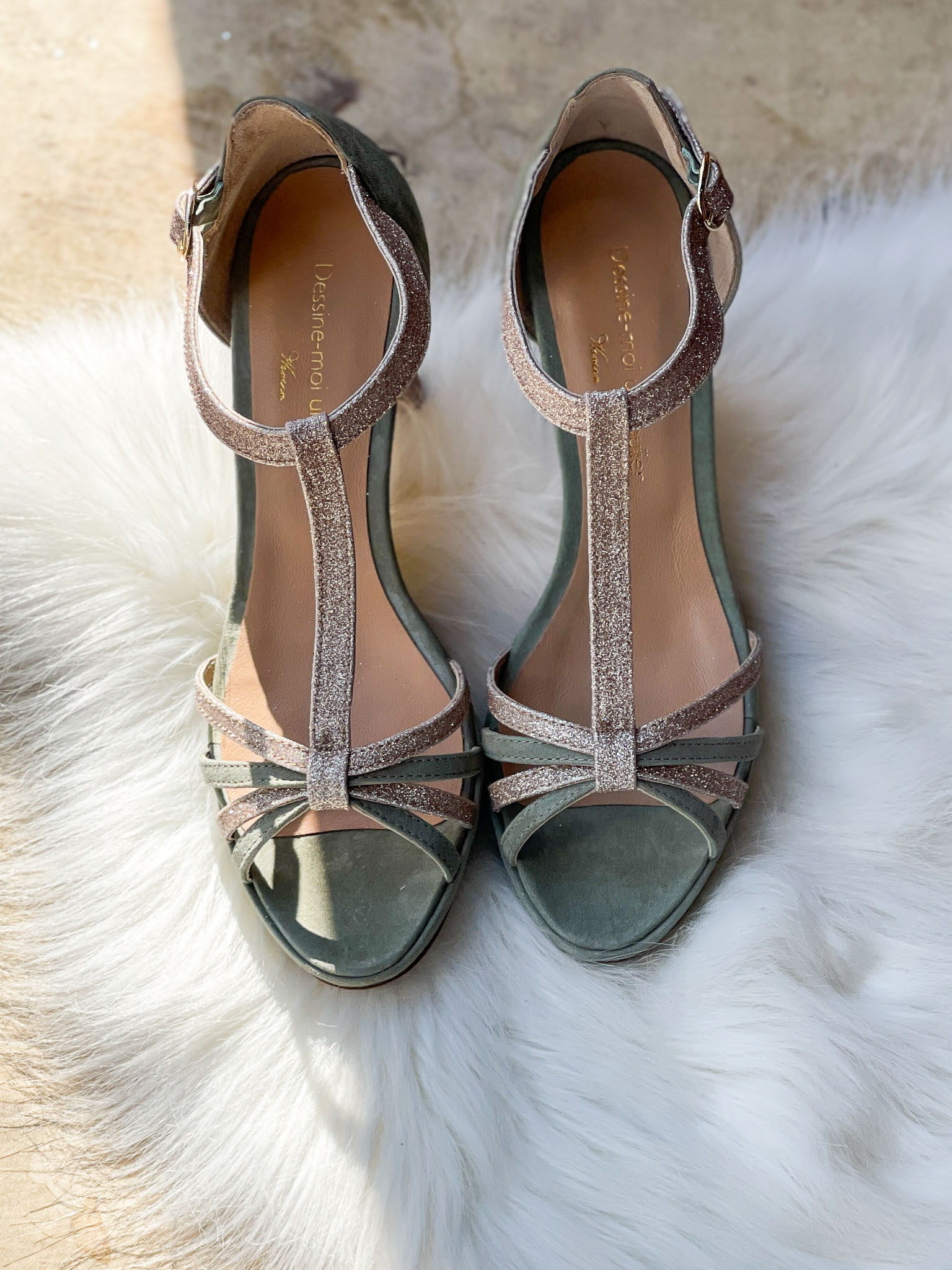 Chloé Plateforme en velours vert sauge, paillettes or blond