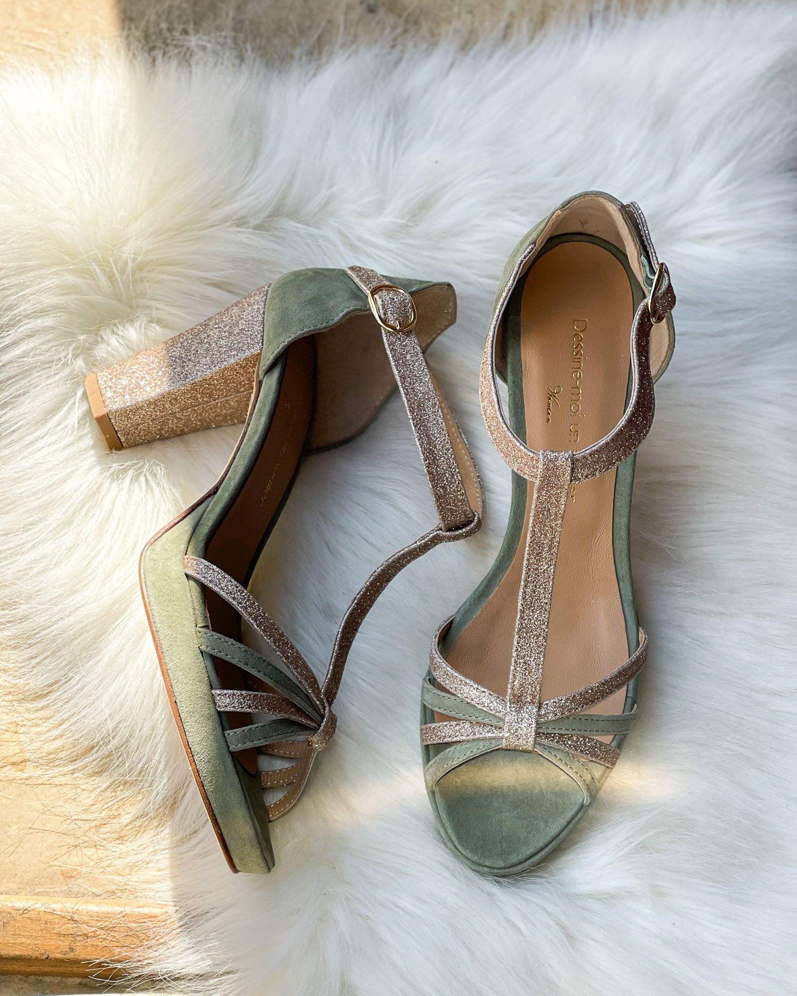 Chloé Plateforme en velours vert sauge, paillettes or blond