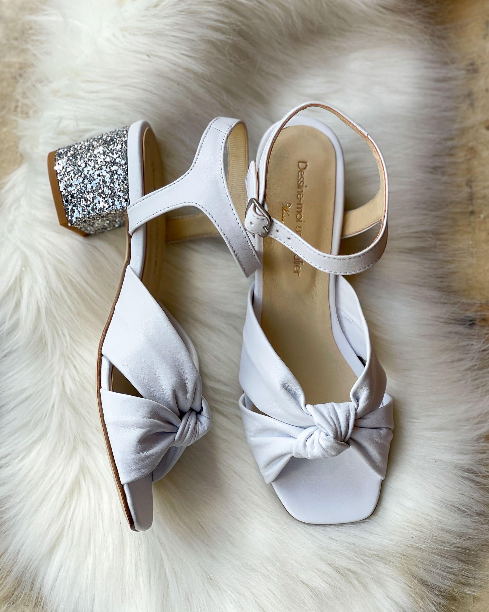 Suzanne bas en cuir lisse blanc glitter argent