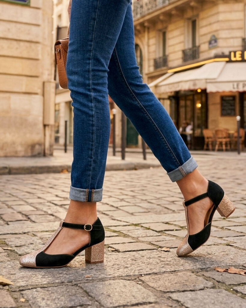 Salomé en velours vert foncé, paillettes or blond