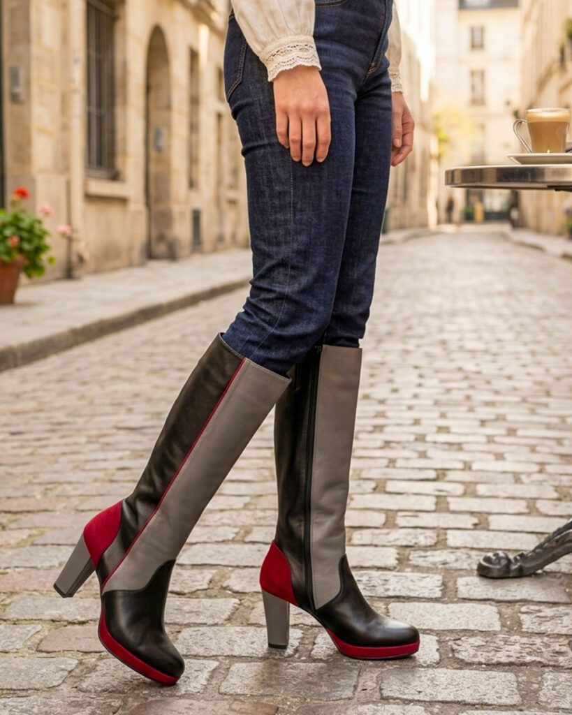 Bottes à talons noires, grises et bordeaux
