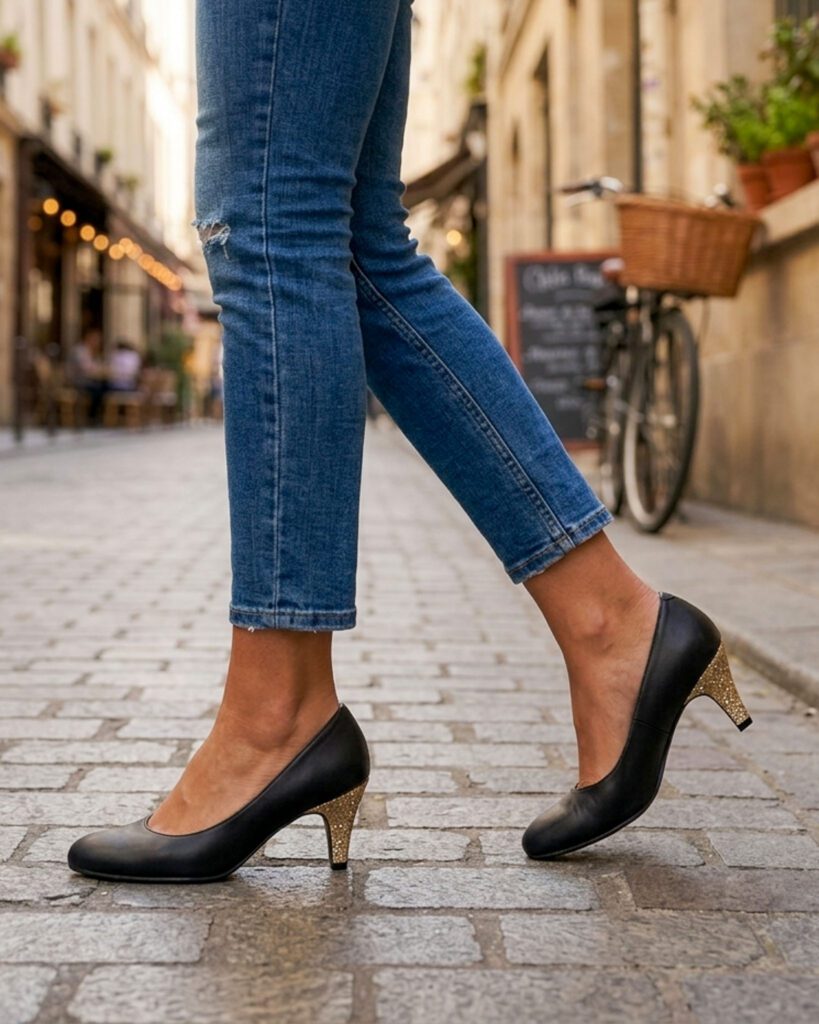 Black smooth leather pump, champagne glitter