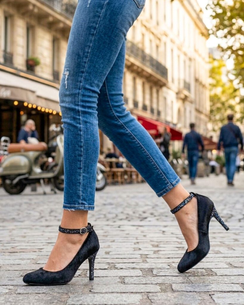 Black fur pump, glitter starlight