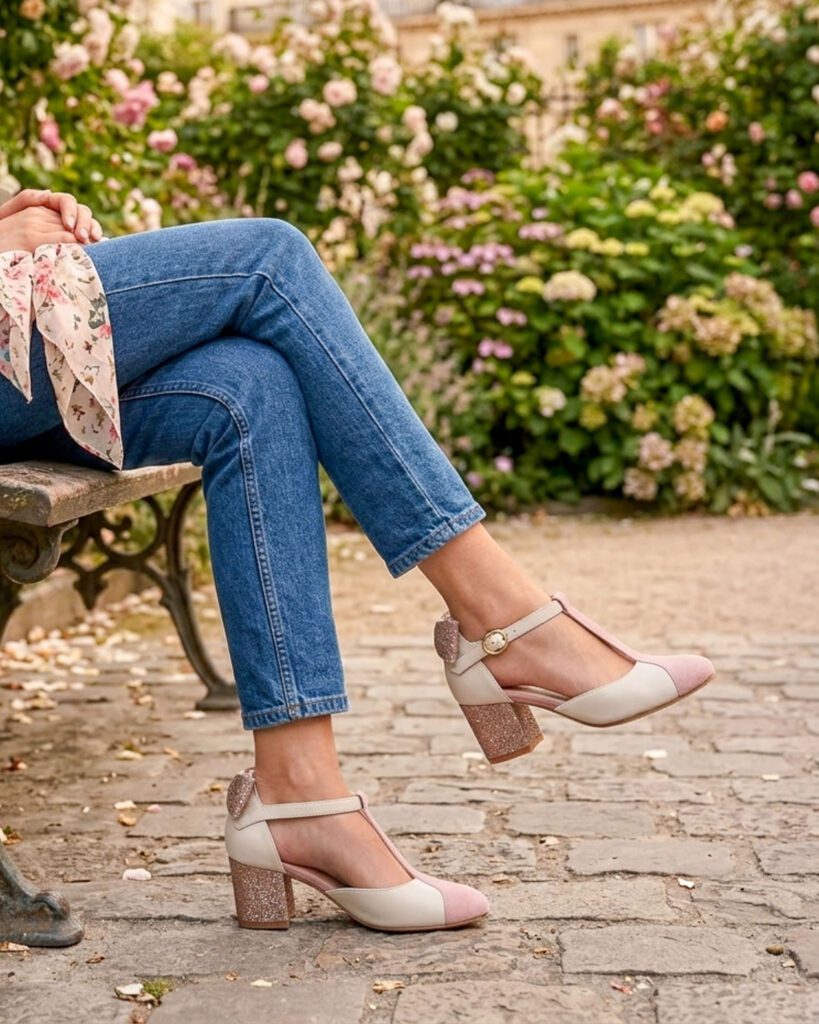 Salomé in smooth off-white leather, old rose velvet and blond gold