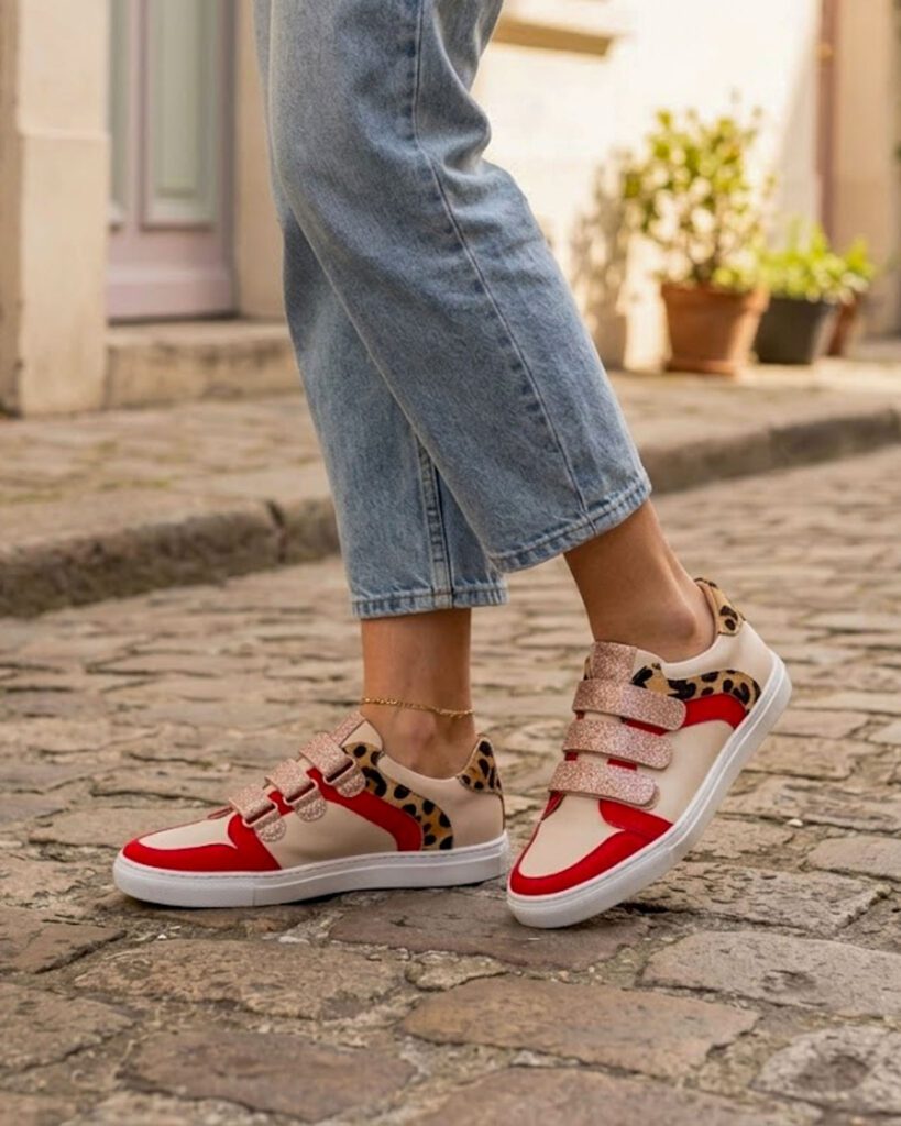 Basket en cuir lisse blanc cassé, velours pastèque et poil léopard