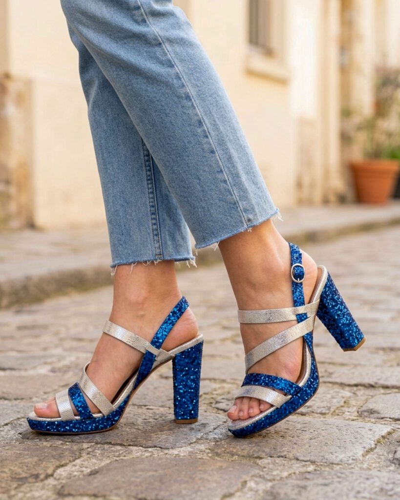 Sandale Emma en irisé argent et glitter bleu