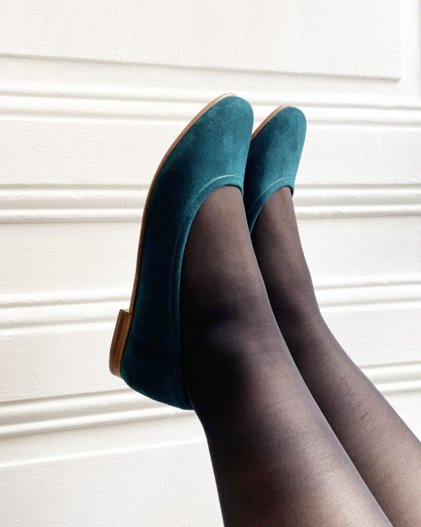Ballerine en velours bleu canard et irisé or rose - 37.5