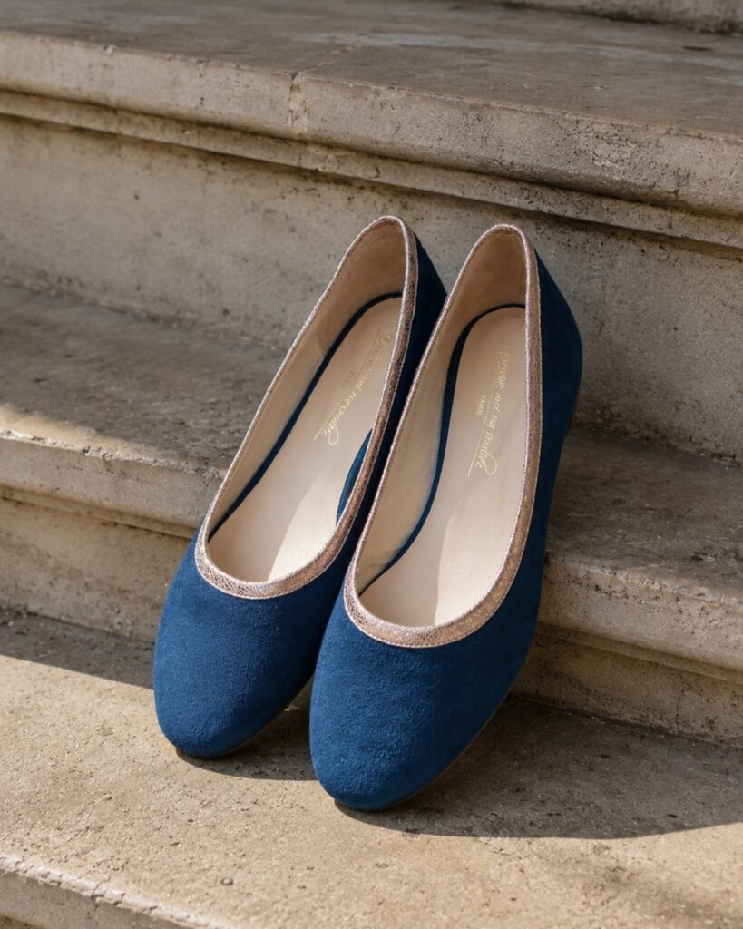Ballerine en velours bleu canard et irisé or rose - 37.5