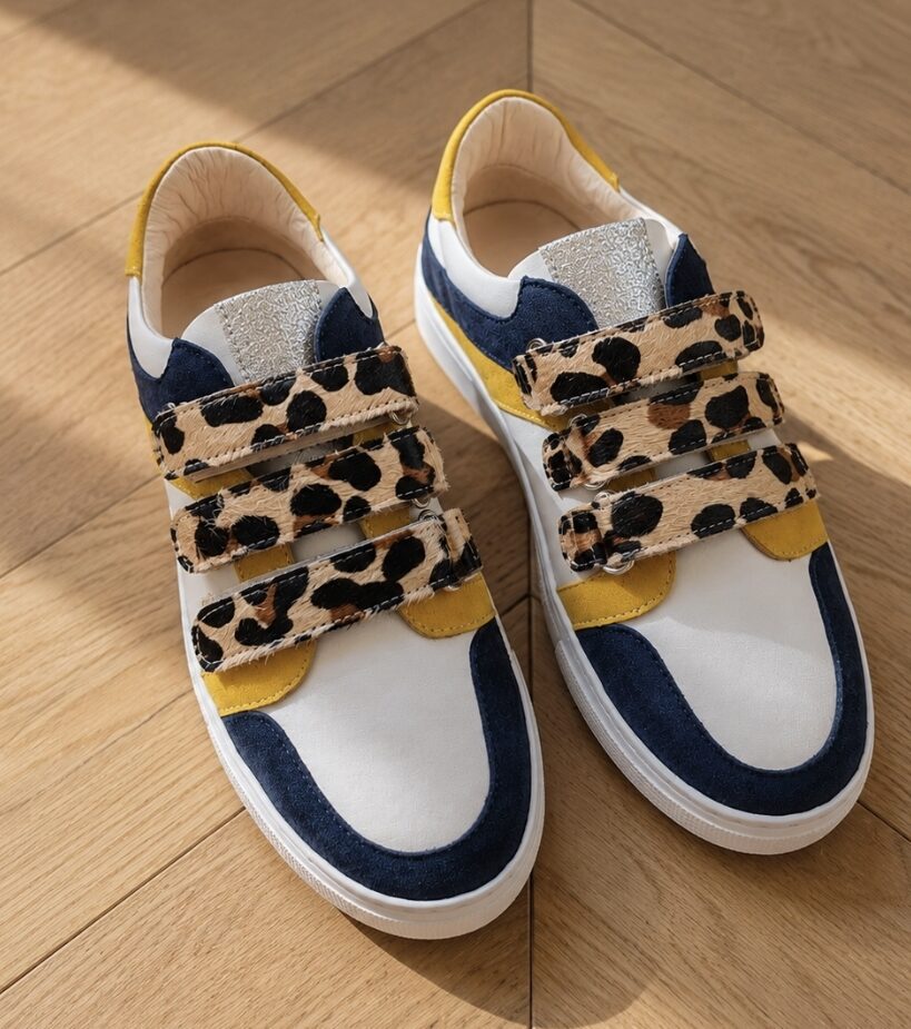 White smooth-leather sneakers with Velcro straps, navy and mustard velvet, and leopard-print Velcro - 39