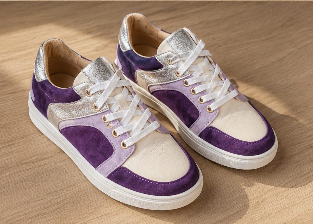 Purple, lilac, and iridescent silver suede lace-up sneakers - size 38
