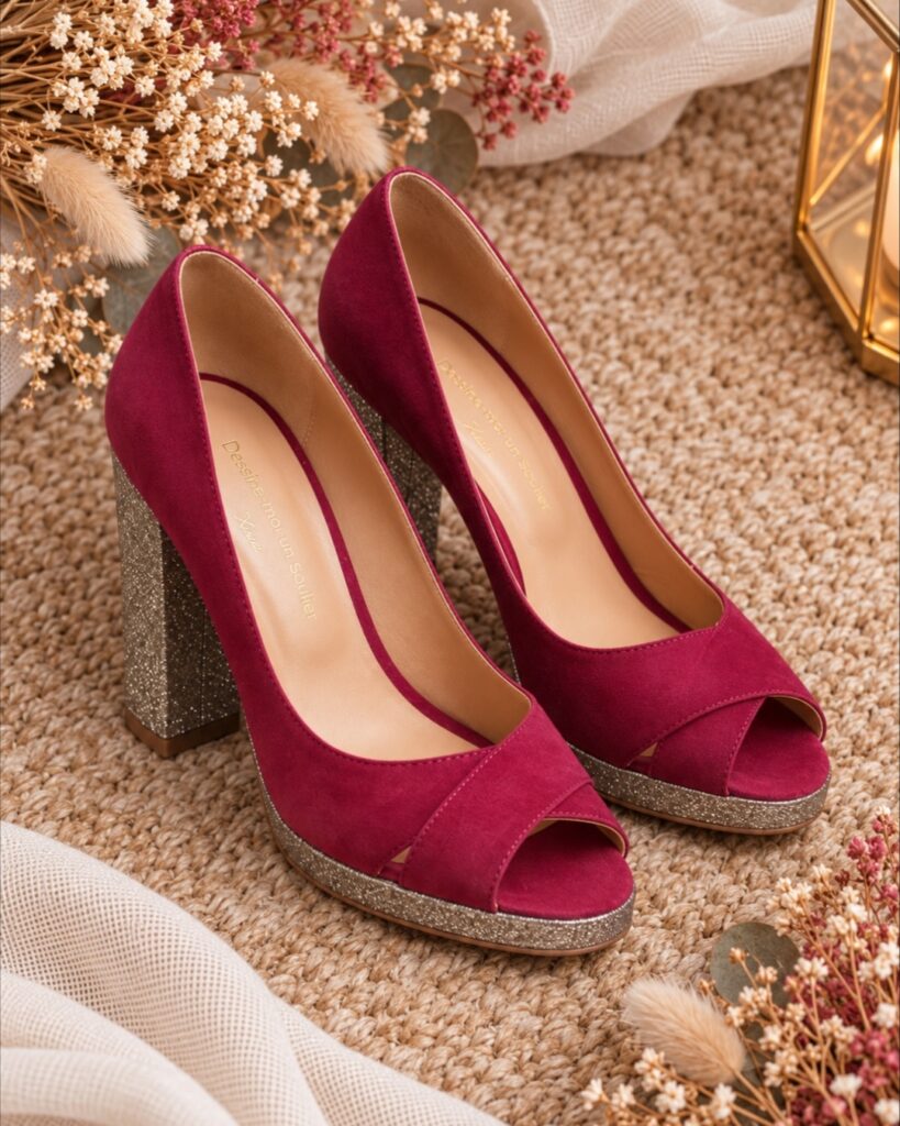 Escarpin brides croisées grenat et fines paillettes or blond - 43.5