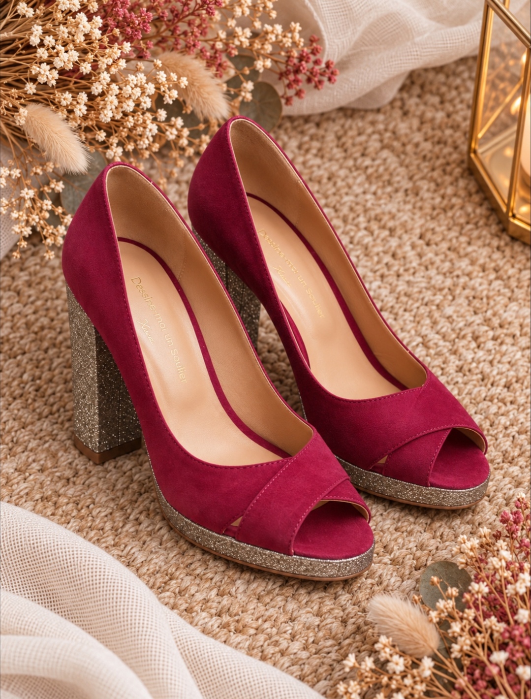 Escarpin brides croisées grenat et fines paillettes or blond - 43