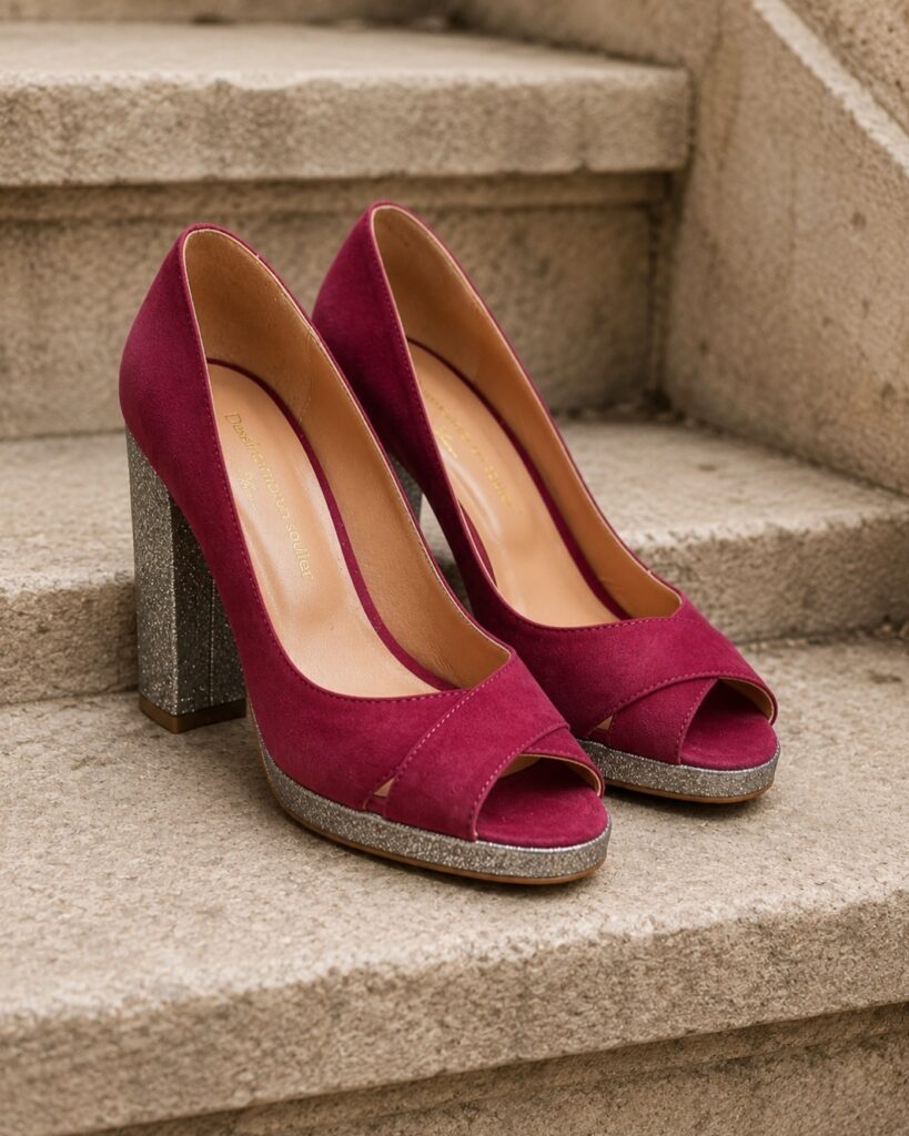 Garnet-colored pumps with crisscross straps and fine golden-blonde sequins - 43.5