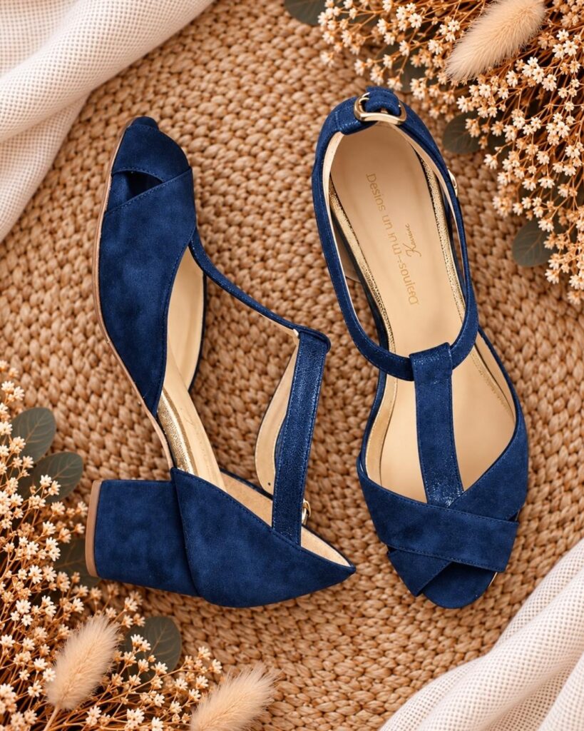 Salomé Cross-Strap Sandals in Navy Velvet and Ocean-Hue Iridescent - 37