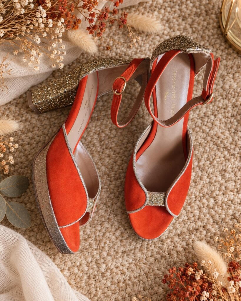 Charlotte en velours orange fluo et glitter champagne - 37,5