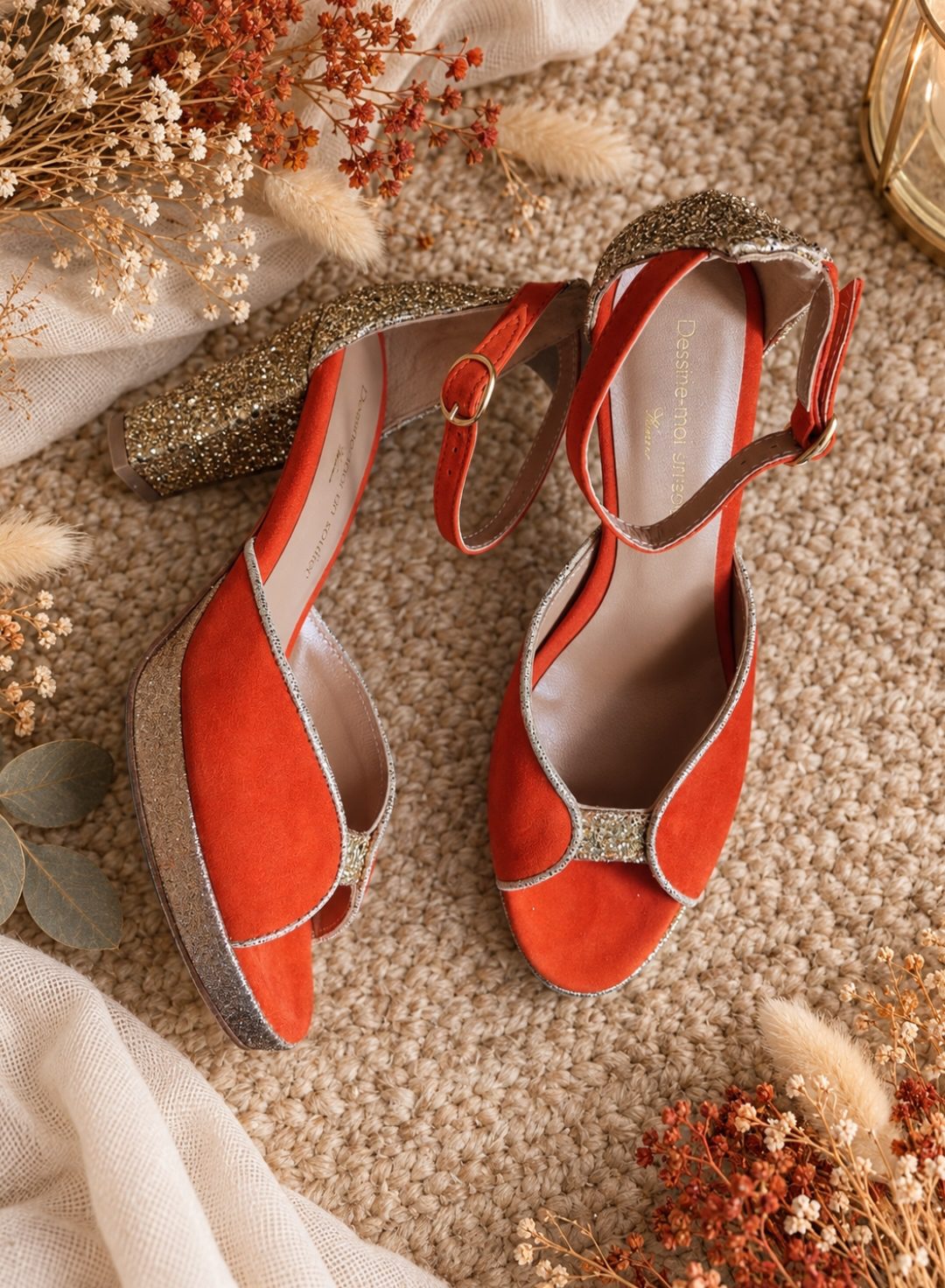 Charlotte en velours orange fluo et glitter champagne - 37,5