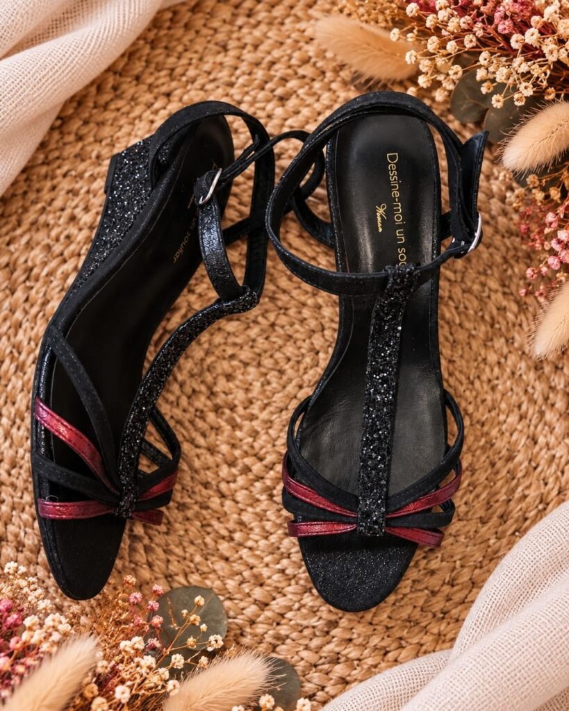 Chloé sandals in black velvet, black iridescent, garnet iridescent, and black glitter - 45