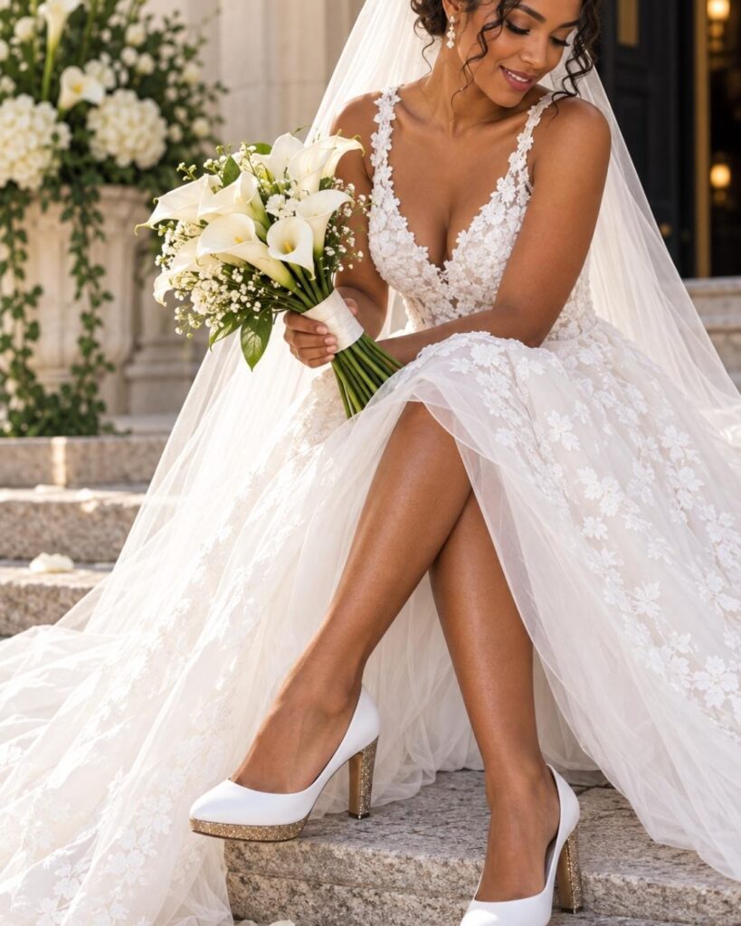 Escarpin plateforme en cuir lisse blanc et fines paillettes champagne - 39