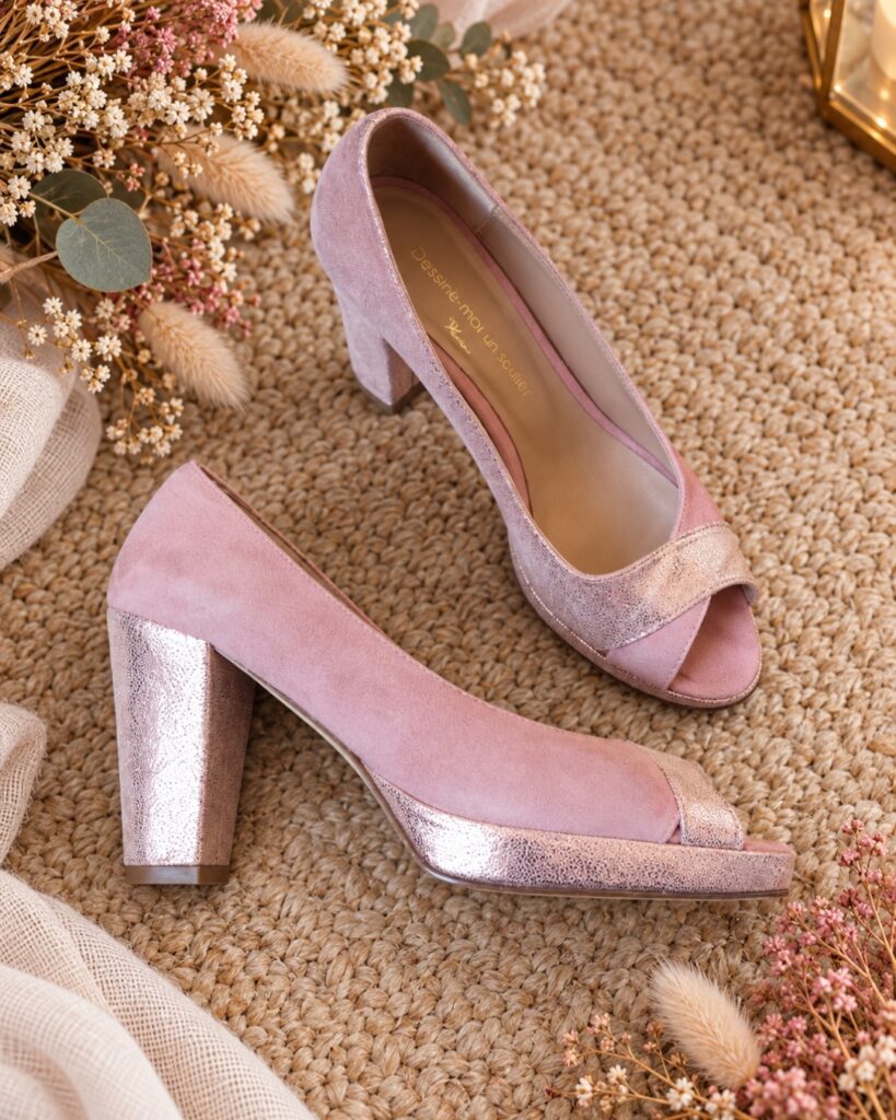 Escarpin brides croisées velours blush et irisé or rose - 37