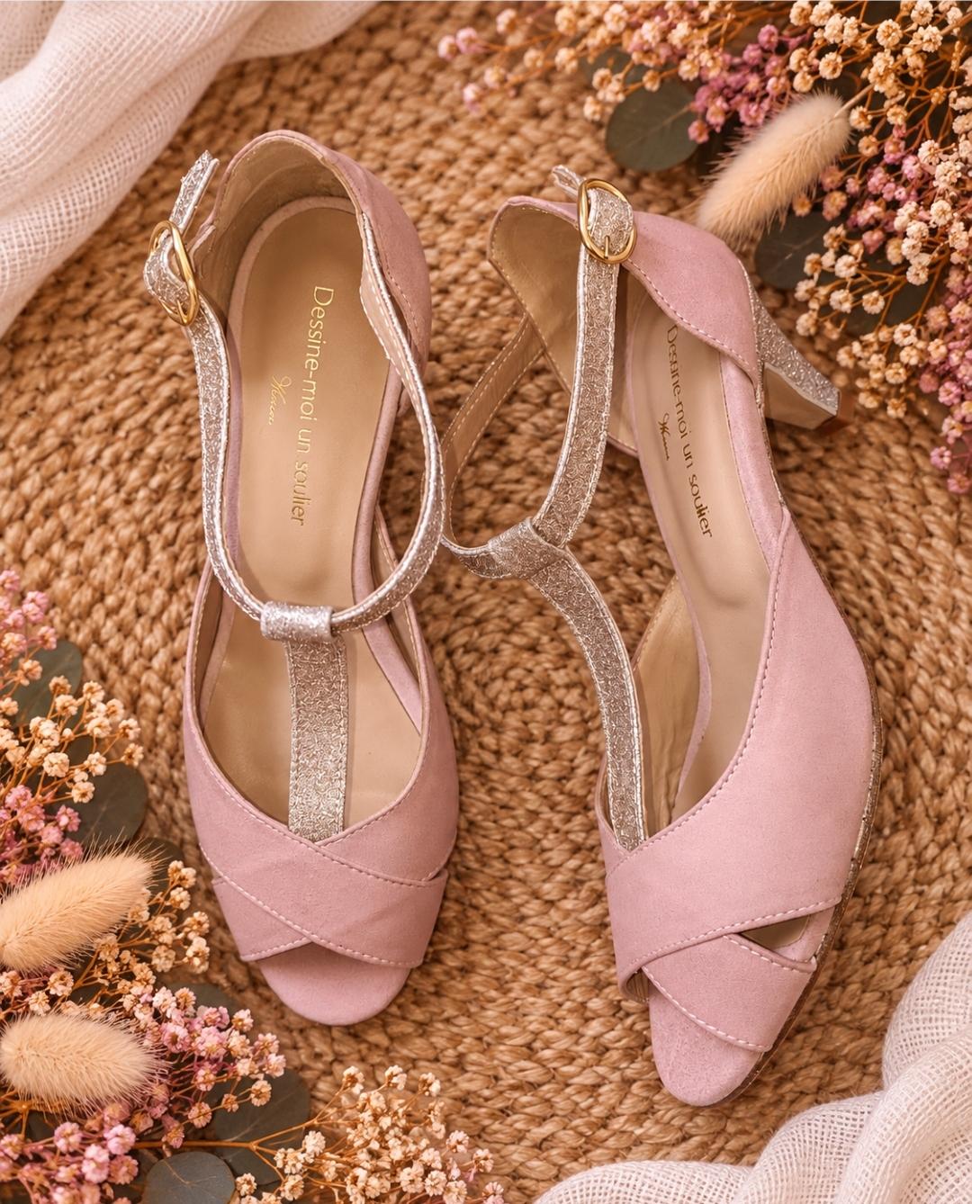 Salomé open-toe shoes in dusty pink velvet with fine light gold sequins - 39